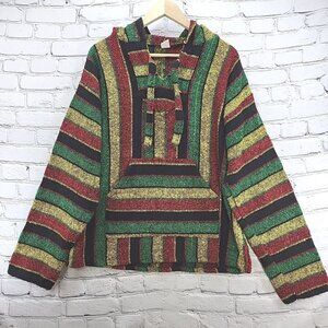 Vintage Baja Hoodie Mens L Rasta Striped Beach Bum Sweater Made In Mexico